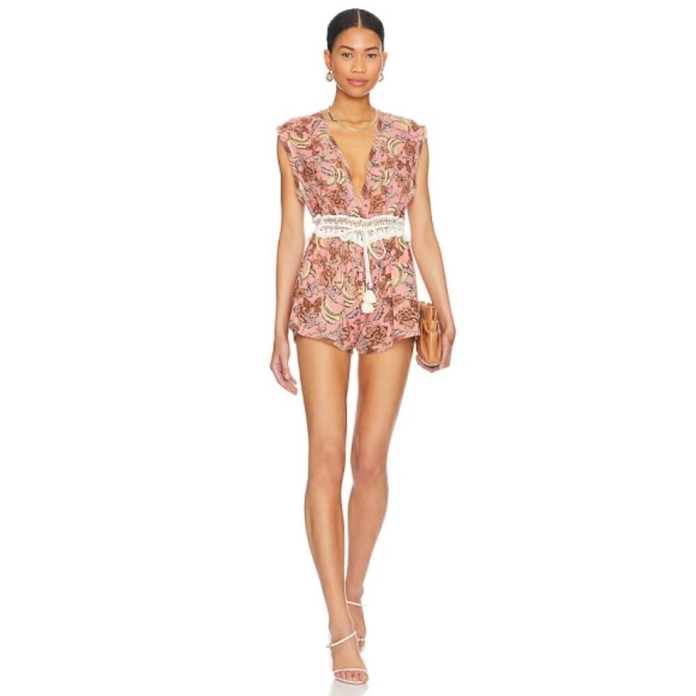 Free People "Watching Waves" Printed Cotton Crochet-Trim Romper, Mauve Combo